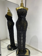 Black sequined mesh strapless floor-length dress