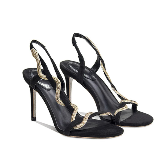 Black stiletto sandals with a rhinestone encrusted one-word strap and back strap.