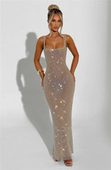 Sparkle Sequin Backless Maxi Dress – Sleeveless Club Gown with Square Neck