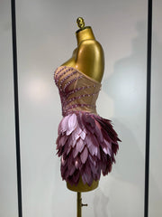 Purple Sequin Strapless Beaded Feather Mini Dress