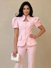 Puff sleeve stand collar blazer front view