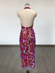 Pink Halter Sequin Midi Dress with Draped Neck Detail