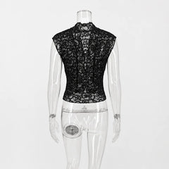 Black Sheer V-Neck Lace Cap Sleeve Top