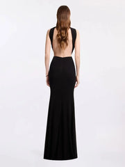 Ruched halter fishtail dress back view