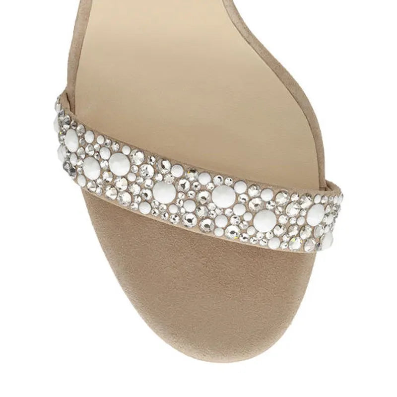 Close-up of the embellished strap on feather stiletto heels.