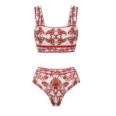 Red and White Patterned Two Piece Swimsuit Set