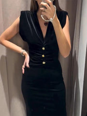 Velvet v-neck midi dress with padded shoulders and ruched waist detail