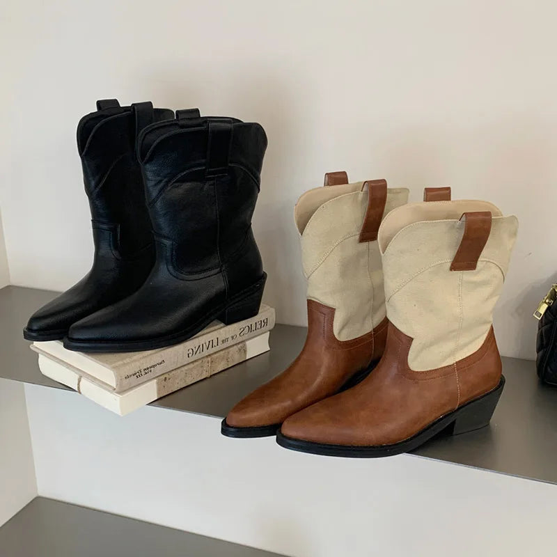 Mixed color and black pointed toe ankle boots displayed