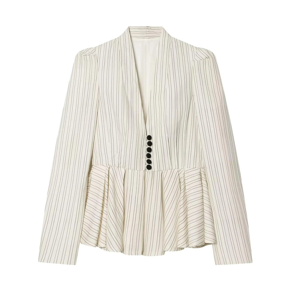 Product shot of the striped peplum blazer jacket.