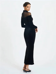 Black Velvet Sheer Off-shoulder Long Sleeve Maxi Dress