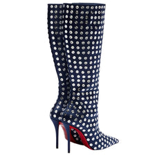 Navy blue knee-high boots with white polka dots and red soles