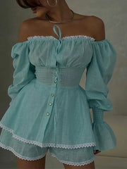 Light blue off-shoulder dress with puffed sleeves on a neutral background