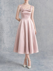 Light pink bow square neck sleeveless midi dress