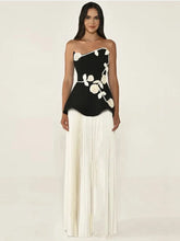 Strapless Flowers Patchwork Pleated Long Dress