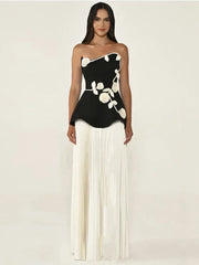 Strapless Flowers Patchwork Pleated Long Dress
