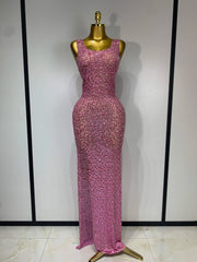 Pink diamond-embellished maxi dress on a mannequin