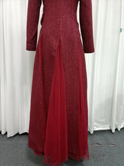 Red Long Sleeve Mesh Sequin 3D Flower Maxi Dress