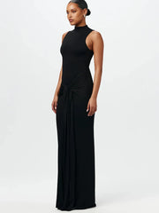 Mock Neck Knotted Waist Maxi Dress