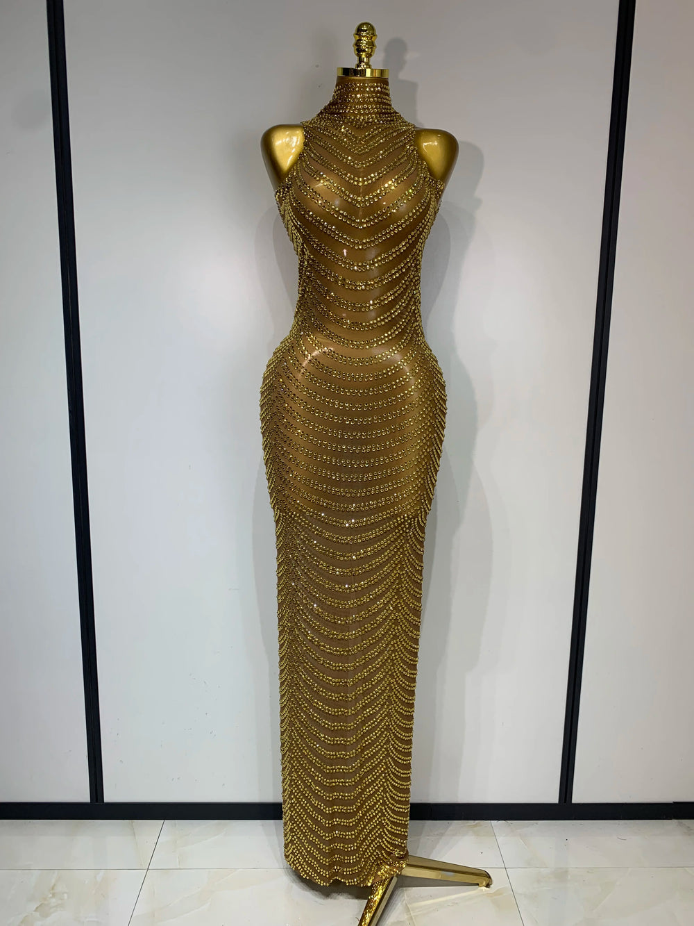 Gold Beaded Maxi Dress - Front View