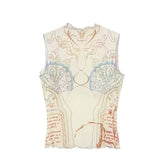 Apricot graphic print mock neck sleeveless mesh crop top