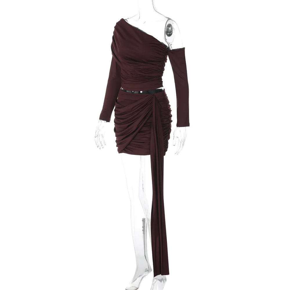 Brown one-shoulder dress on a mannequin against a white background