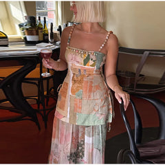 Floral Print Beaded Strap Top and Maxi Skirt Set