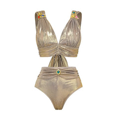V-Neck Ruched Cut-Out Halter One-Piece Swimsuit and Maxi Skirt Set