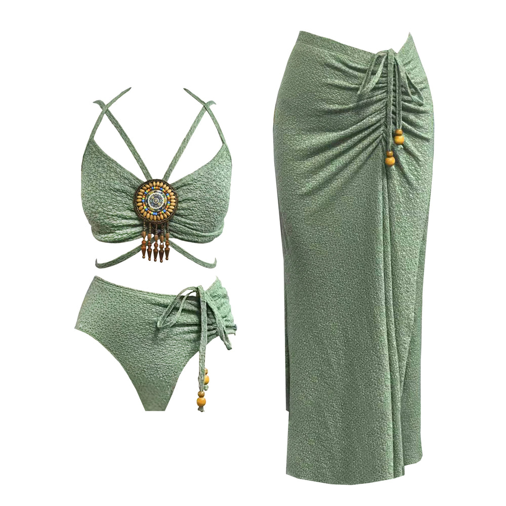 Green textured bikini top and high-waisted bottoms with beaded drawstring details