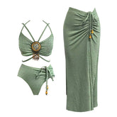 Green textured bikini top and high-waisted bottoms with beaded drawstring details