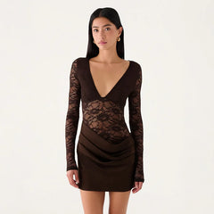 Sheer Lace V-Neck Long Sleeve Mini Dress