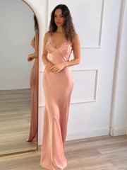 Spaghetti Strap V-Neck Lace Trim Satin Maxi Dress