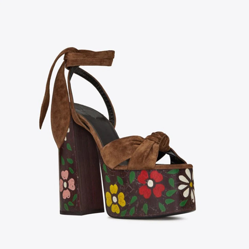 Side view of floral platform Heels with tie ankle strap