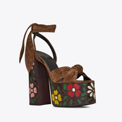 Side view of floral platform Heels with tie ankle strap