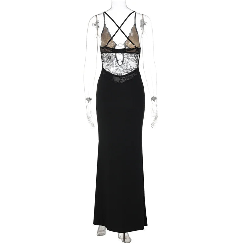 Black evening gown with lace detailing on a mannequin against a white background