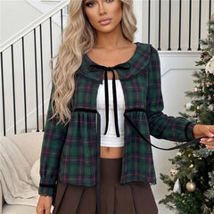 Plaid Peter Pan Collar Velvet Bow Peplum Top