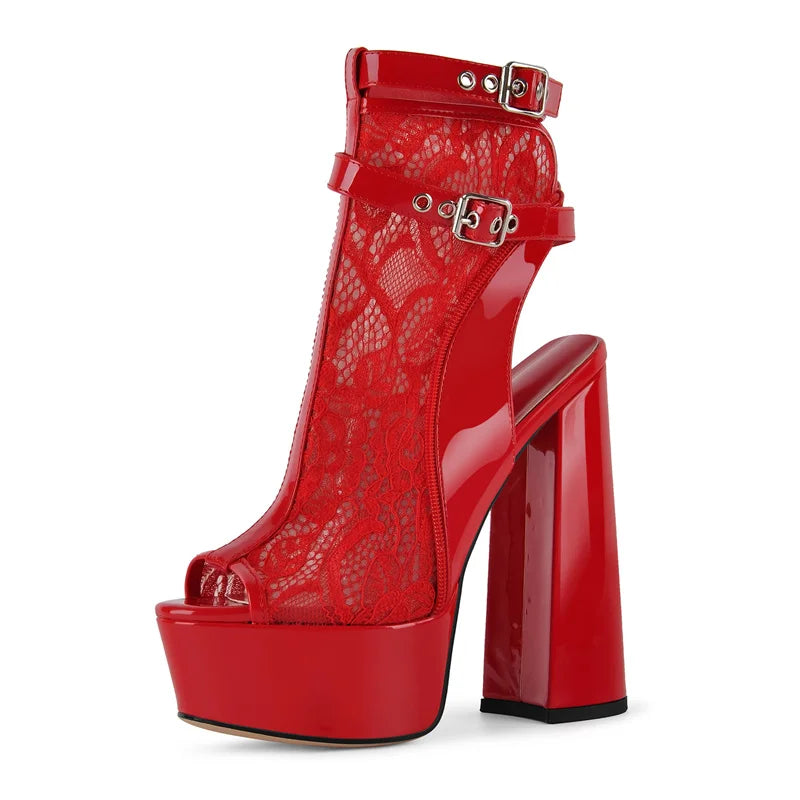 Red lace peep toe platform block heel boots with buckle straps