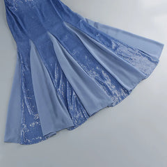 Blue Strapless Sequin Pleated Hem Gown With Scarf