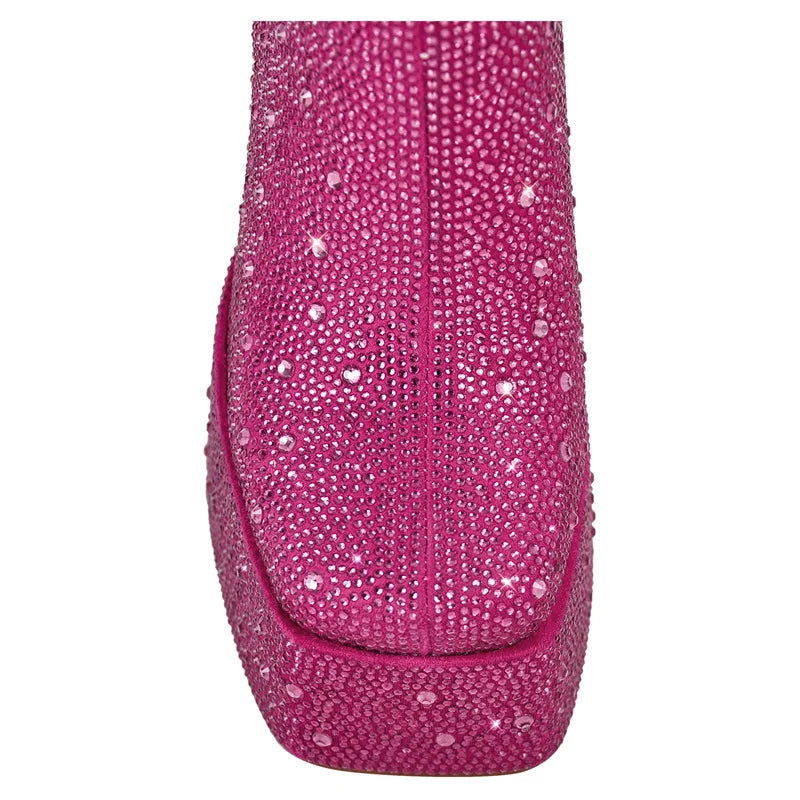 Pink rhinestone chunky platform ankle boots toe detail