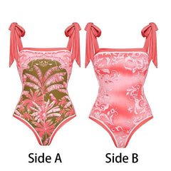 Reversible one-piece swimsuit showing two different print sides against a white background.