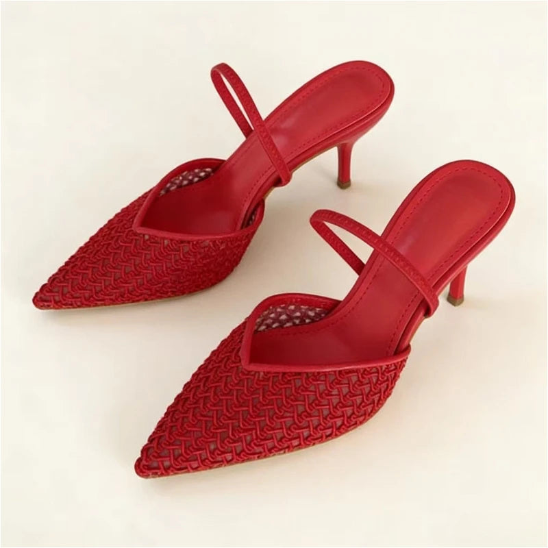 Red mesh slingback pointed toe stiletto heels