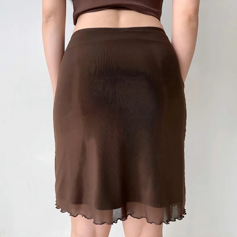 Brown mesh ruffle hem mini skirt back view