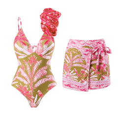 V-Neck Tie-Strap Swimsuit and Wrap Skirt Set