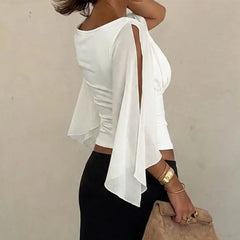 Ruched V-Neck Slit Cape Sleeve Top