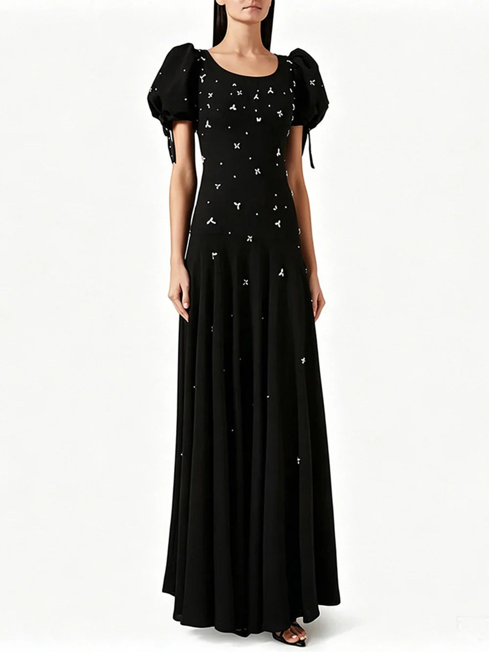 Puff sleeve embellished maxi dress front view