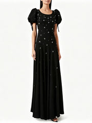 Puff sleeve embellished maxi dress front view