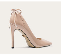 Beige Bow Patent Stiletto Heels | Butterfly-Knot Pointed Party Pumps