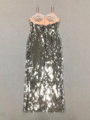 Silver sequin dress with a beige bralette on a gray background