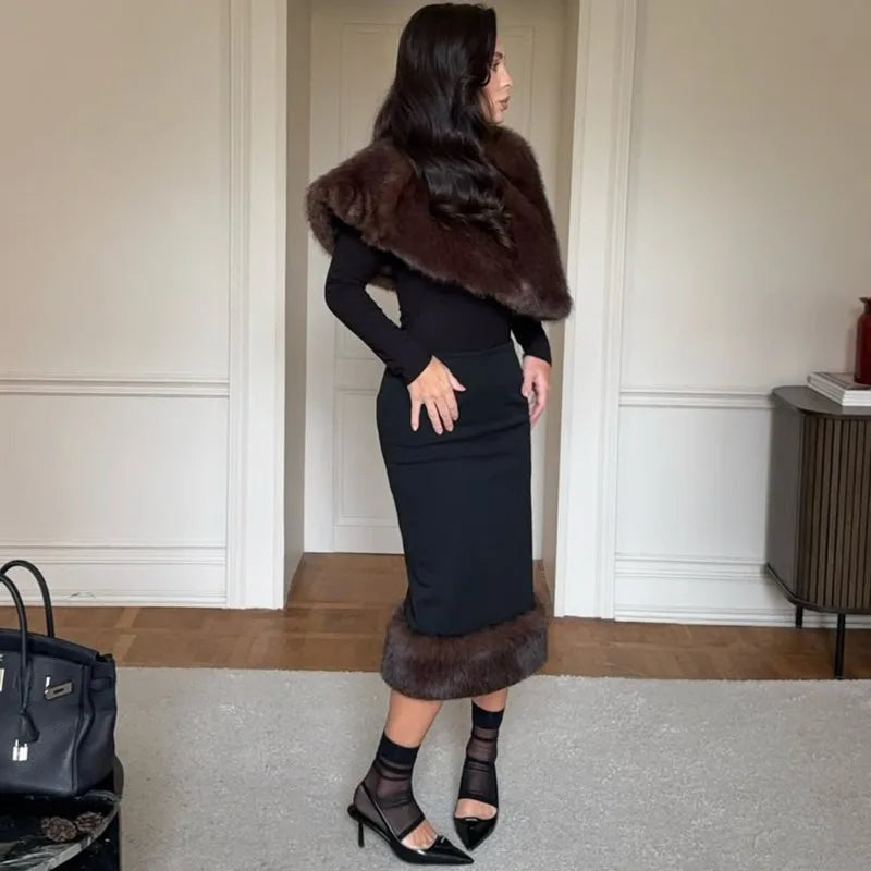 Faux fur shawl and maxi skirt set