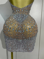 Sparkling Rhinestone Halter Mesh See-Through Mini Dress