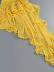Yellow Ruffled Frill Hem Pearl Strapless Midi Dress